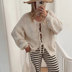 Damen lässiger Strickmantel mit Schleifenverschluss und voluminösen Ärmeln EB