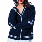 Damen Grobstrick-Cardigan mit dekorativen Sternen und kontrastierendem Bund EB