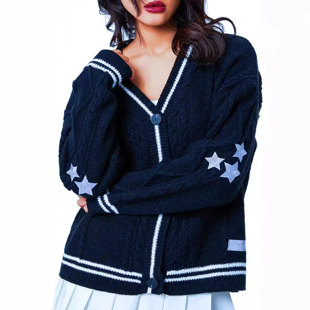 Damen Grobstrick-Cardigan mit dekorativen Sternen und kontrastierendem Bund EB