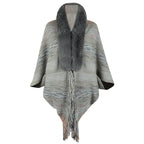 Damen eleganter Poncho mit luxuriösem Kunstfellkragen und fransigem Saum EB