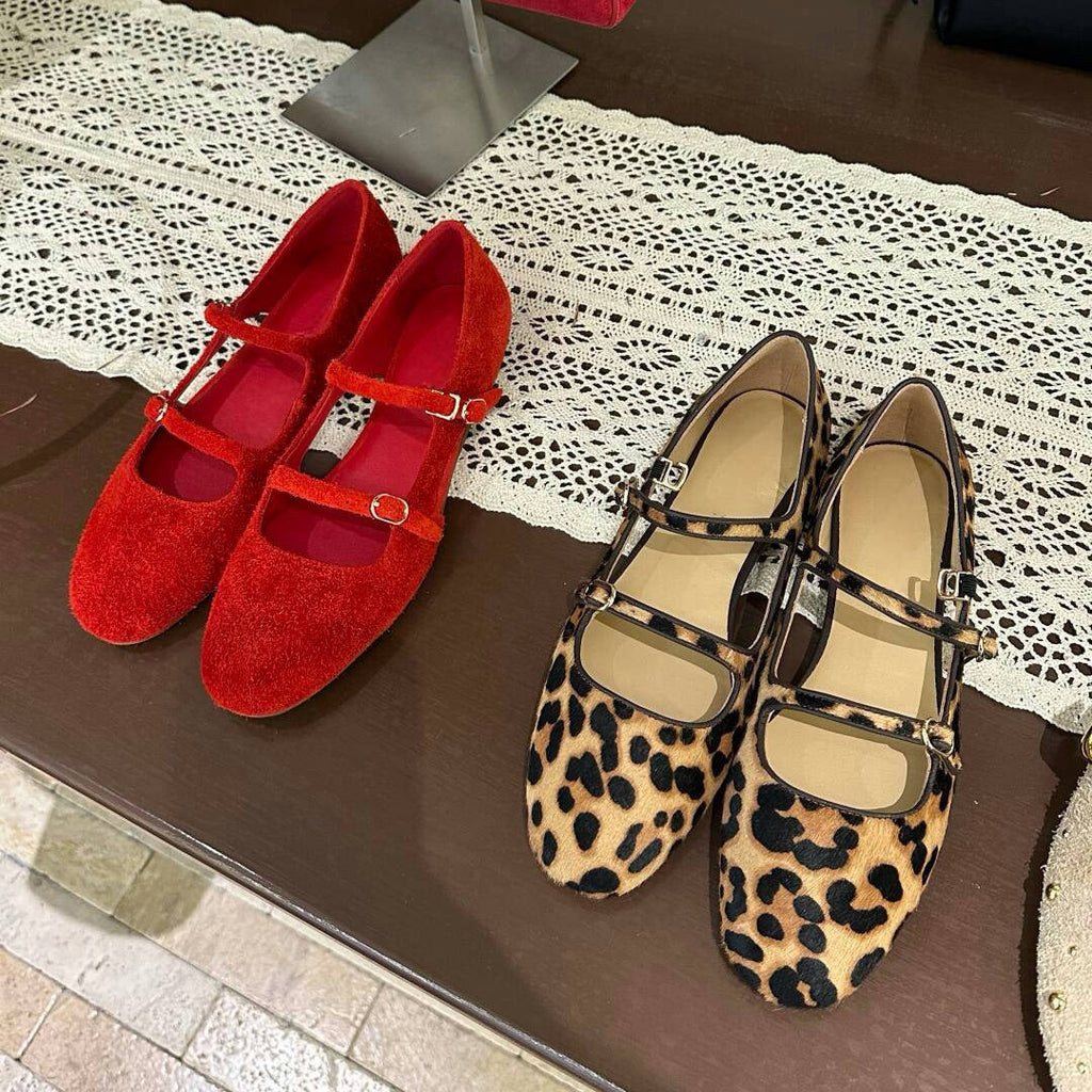 Damen Ballerina mit modischem Leopardenmuster und zweifachem Riemendesign EB