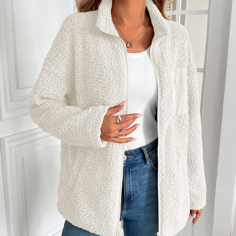 Damen kuschelige Fleecejacke mit hohen Kragen und praktischen Taschen EB