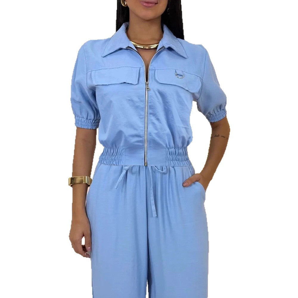 Lässiger Damen-Jumpsuit mit Reißverschluss und Palazzo-Bein