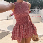 Damen ärmelloses Mini-Dress mit Karomuster und elastischem Bund EB
