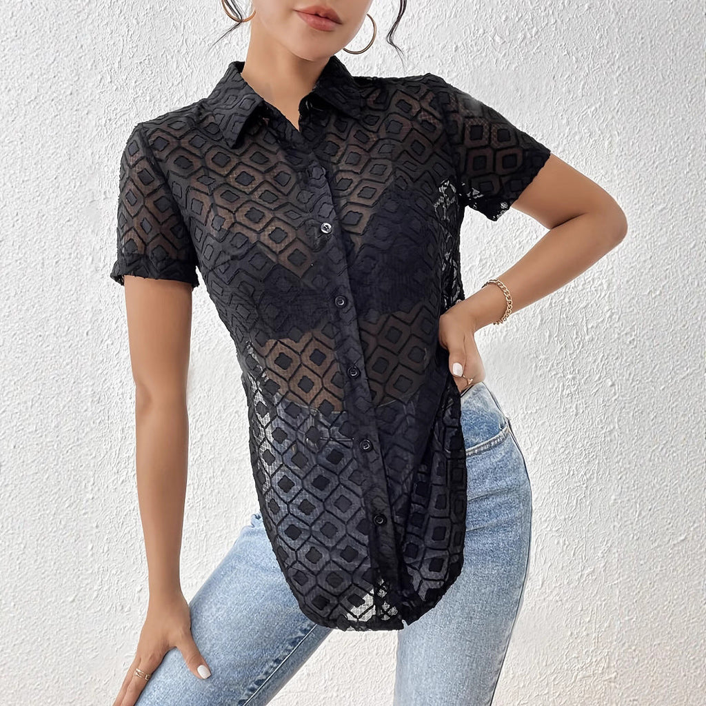 Damen Kurzarmhemd mit geknotetem Design und transparenter Struktur EB