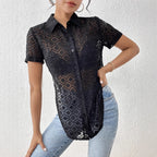 Damen Kurzarmhemd mit geknotetem Design und transparenter Struktur EB