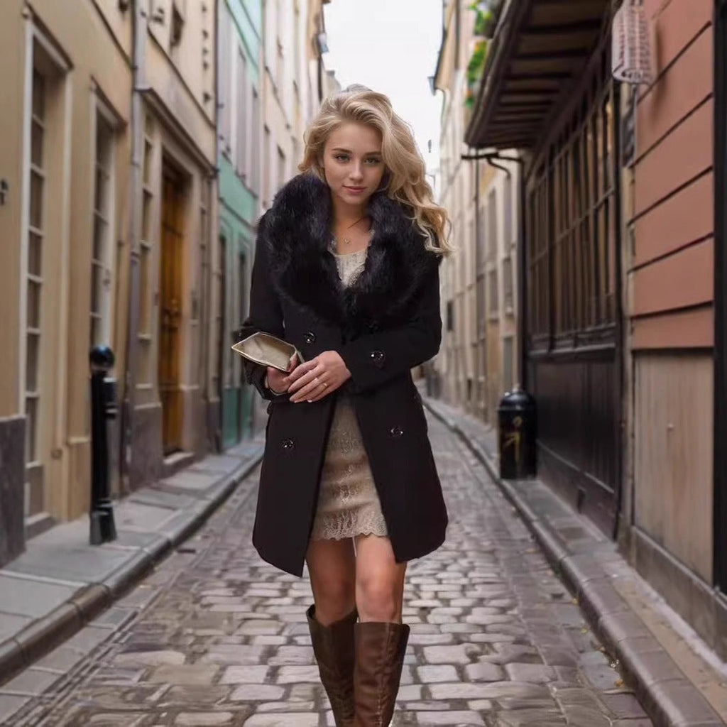 Damen Eleganter Trenchcoat mit abnehmbarem Fellkragen EB