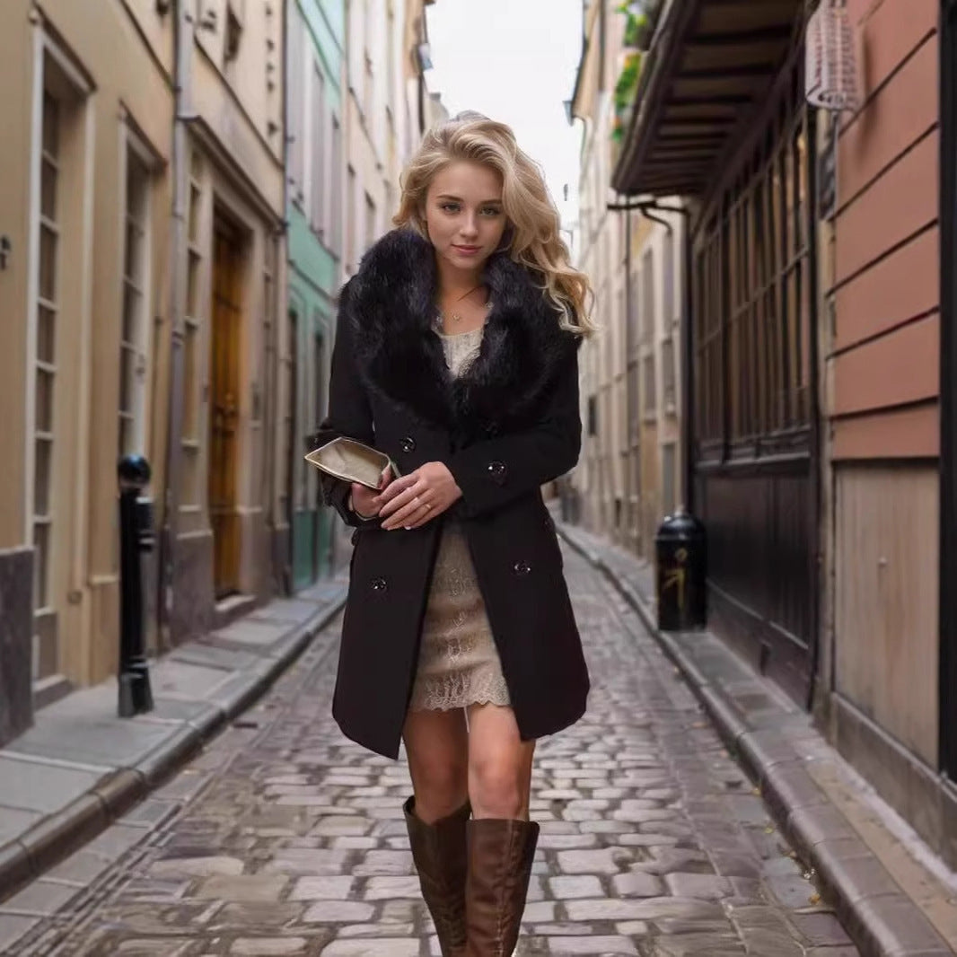 Damen Eleganter Trenchcoat mit abnehmbarem Fellkragen EB