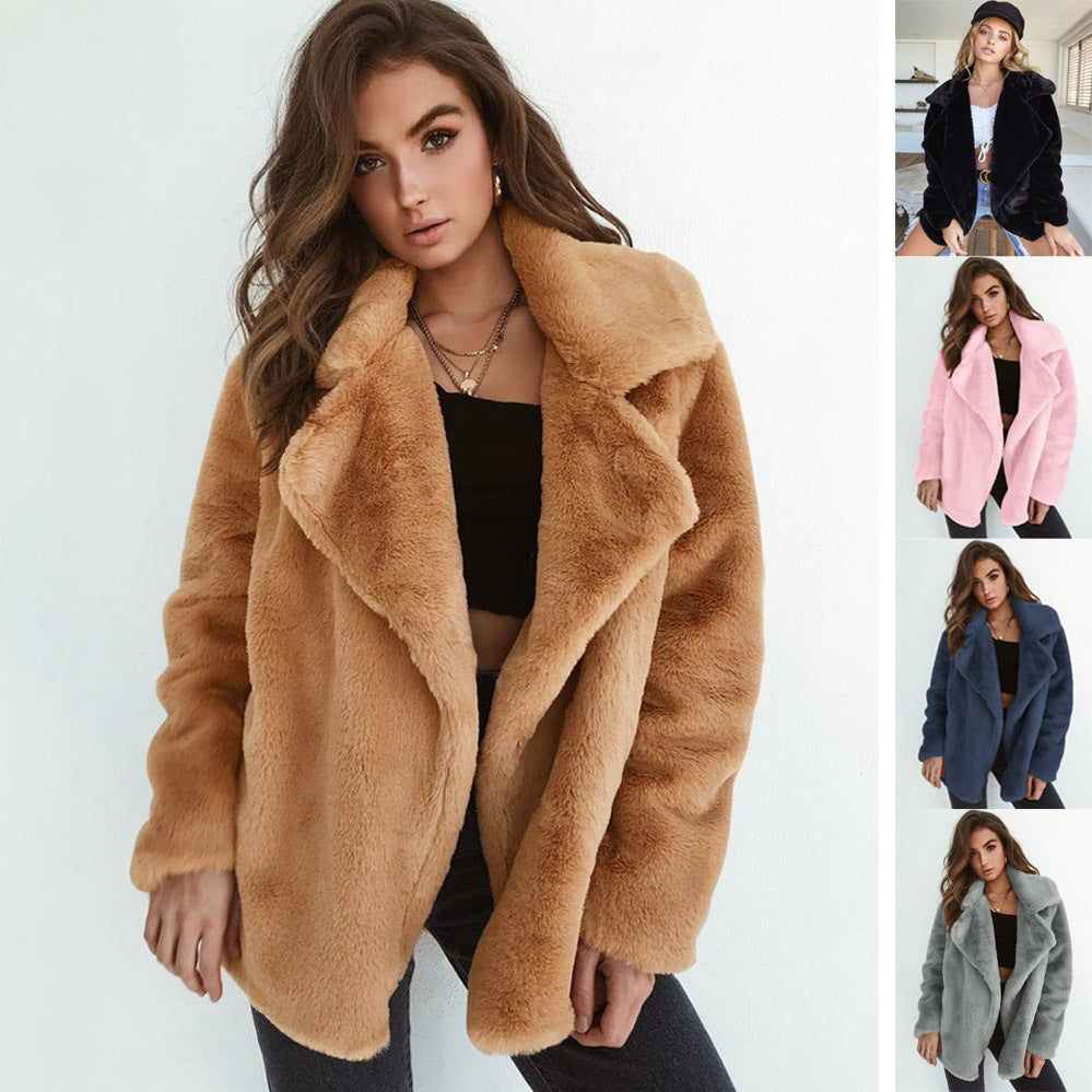 Damen Fleece-Mantel mit weitem Kragen und modischem Schnitt EB