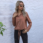 Damen Elegante Bluse mit Krawattenverschluss und Brusttaschen EB