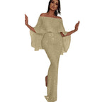 Damen Elegante bodenlange Overall mit schulterfreiem Design und schimmerndem Stoff EB