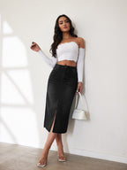 Damen Midi-Denimrock mit Schlitz und lässigem A-Linien-Schnitt EB