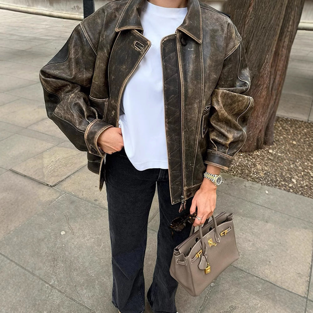 Damen Kunstleder Bikerjacke im markanten Vintage-Stil EB