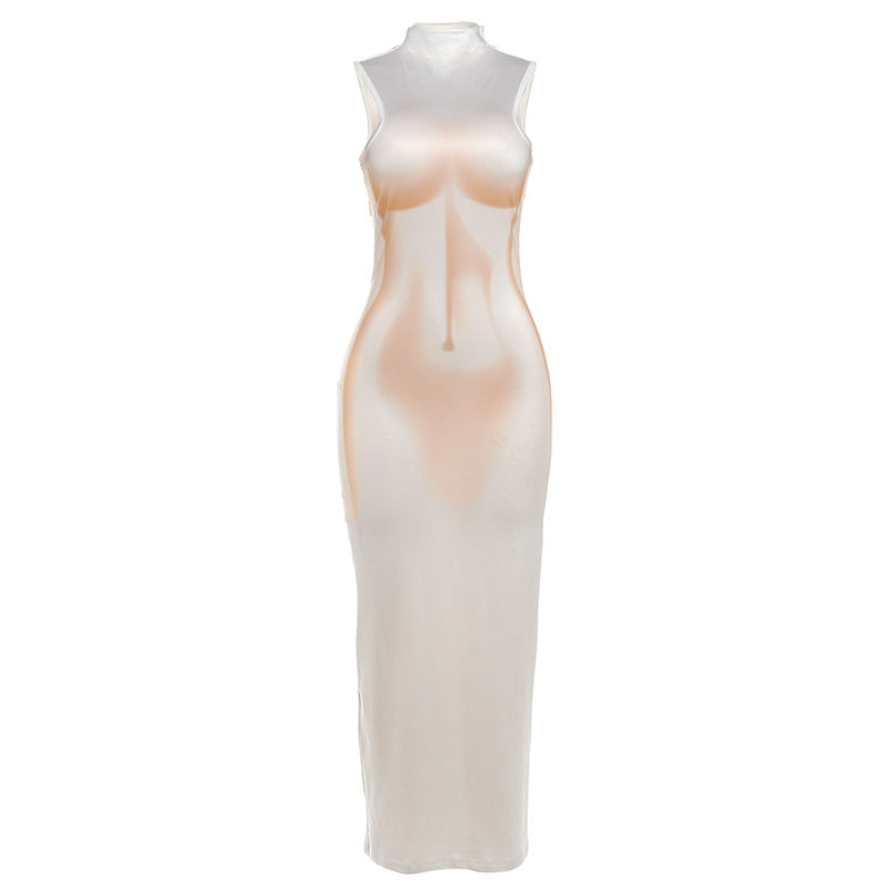 Damen Elegantes, figurbetontes Abendkleid mit hohem Kragen und transparentem Stoff EB
