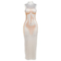 Damen Elegantes, figurbetontes Abendkleid mit hohem Kragen und transparentem Stoff EB