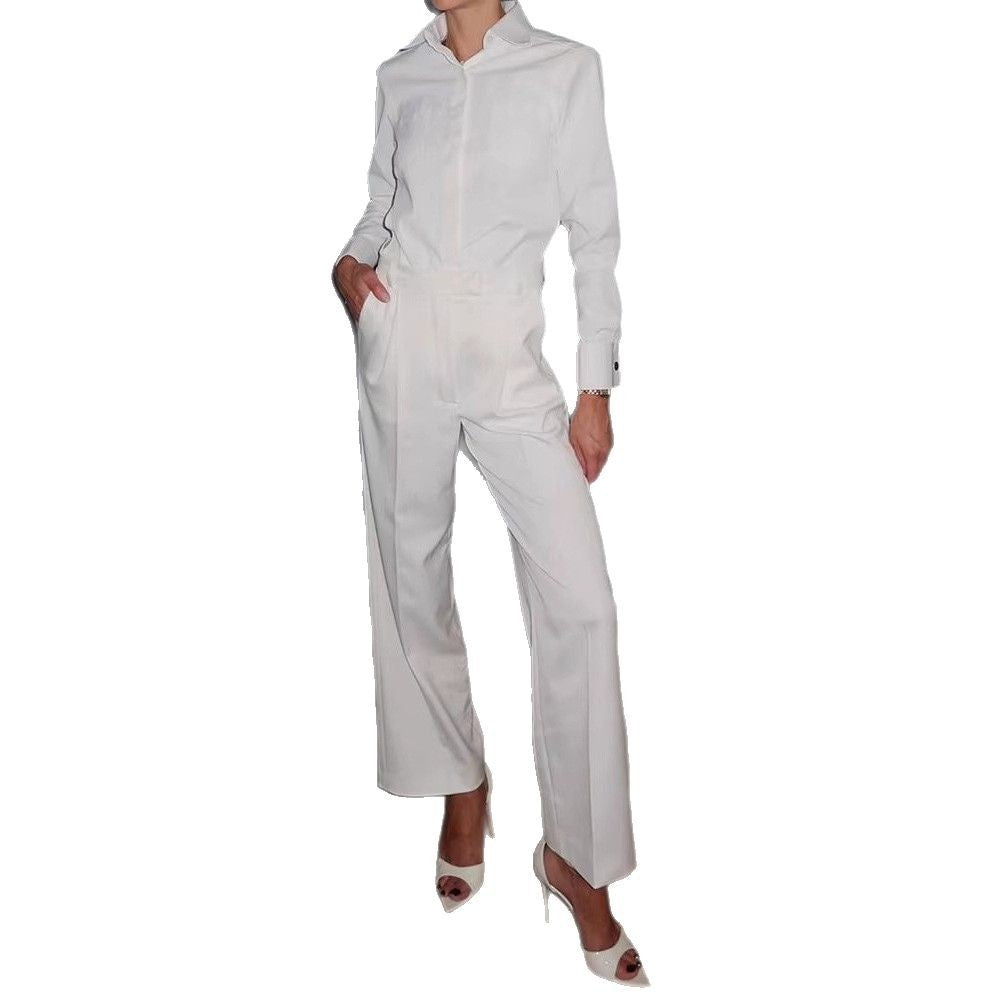 Damen Eleganter Jumpsuit mit weitem Bein und klassischem Kragen EB