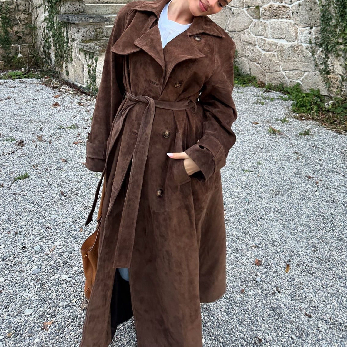 Damen Suede Trenchcoat mit Gürtel und eleganten Knopfdetails EB