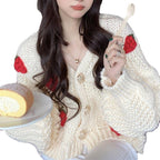Damen Grober Strickcardigan mit Blumenstickerei und funkelnden Knöpfen EB