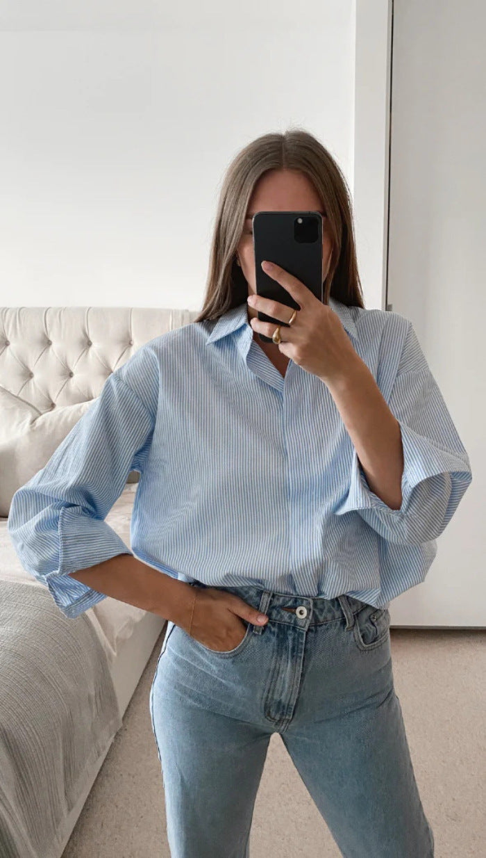 Damen Oversized Hemdbluse mit Streifenmuster und abgerundetem Saum EB