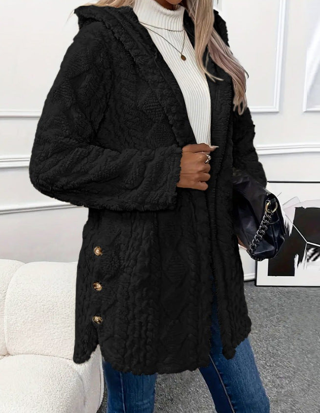 Damen kuscheliger Oversized-Mantel mit Kapuze und Knopfleiste EB