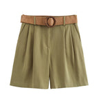 Damen elegante Shorts mit breitem, geflochtenem Gürtel EB