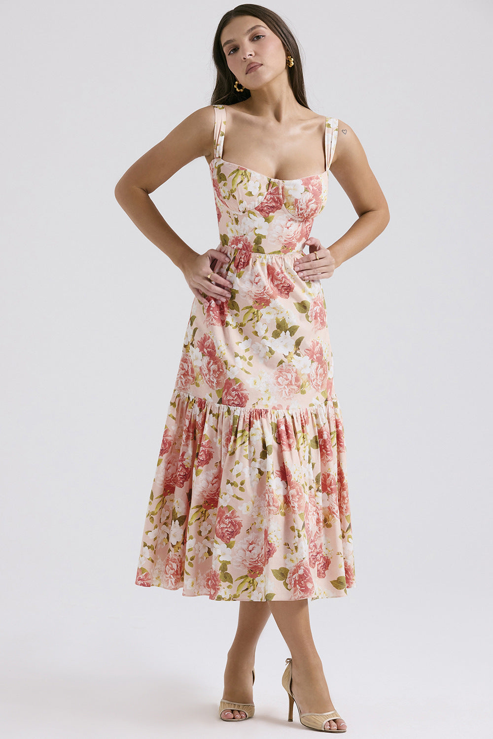 Damen Boho Maxikleid mit romantischem Blumendruck und voluminösem Rock EB