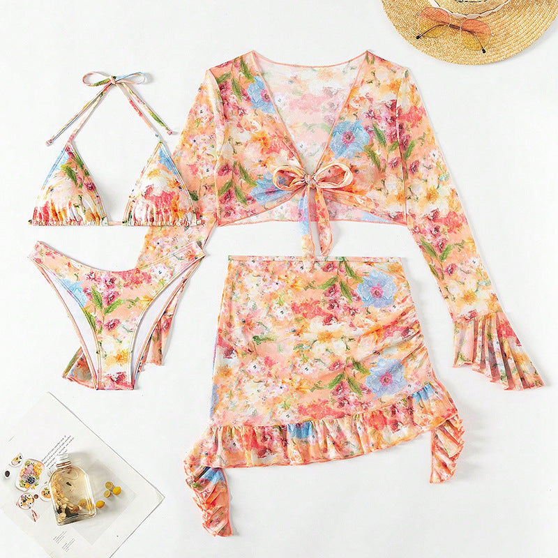 Damen Crop-Top und Wickelrock-Set mit floralen Details EB