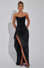 Damen Elegantes Abendkleid mit schimmerndem Oberteil und hohem Schlitz EB