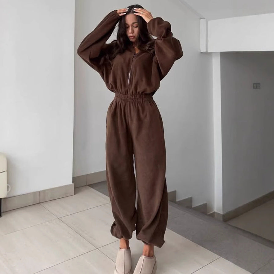 Damen bequemer und stylischer Fleece-Jumpsuit EB