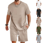 Herren nan Waffelstruktur Wohn- und Freizeit-Set mit weit geschnittenem Kurzarmshirt und kurzer Hose mit elastischem Bund EB
