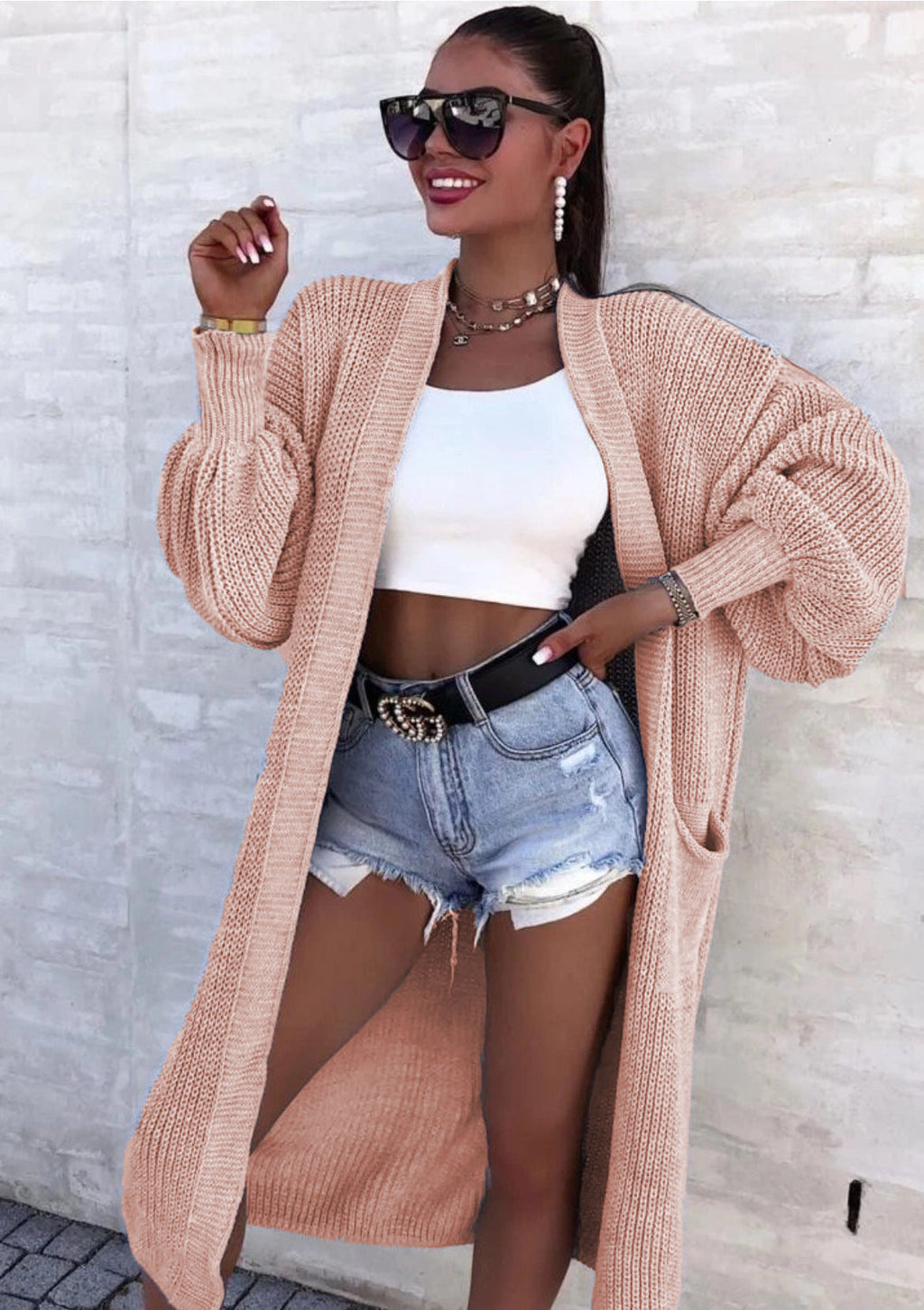 Damen Langer Strickmantel mit oversized Ärmeln und praktischen Taschen EB
