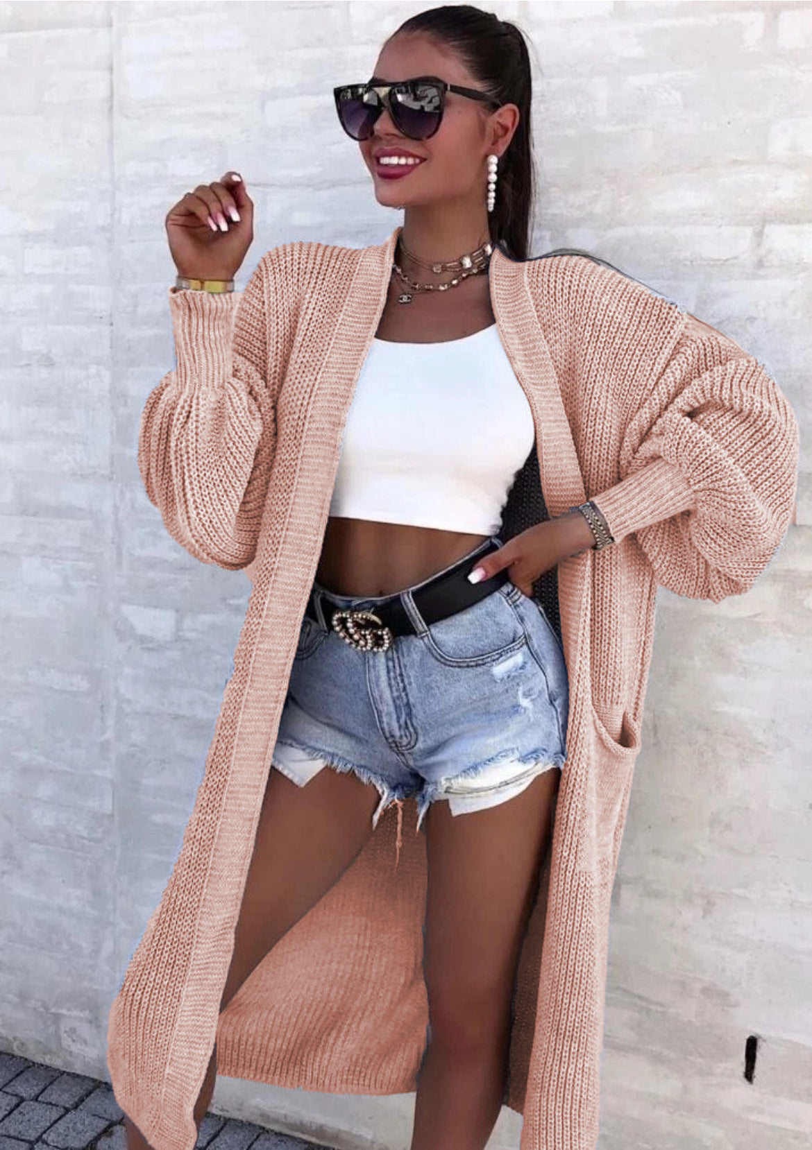 Damen Langer Strickmantel mit oversized Ärmeln und praktischen Taschen EB