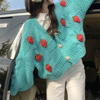 Damen Grober Strickcardigan mit Blumenstickerei und funkelnden Knöpfen EB