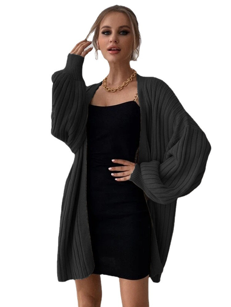 Damen grob gestrickter Cardigan mit voluminösen Ärmeln und offener Front EB
