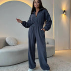 Damen eleganter Jumpsuit mit kurzem Reißverschluss und elastischem Bund EB