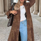 Damen eleganter und taillierter Wildleder-Trenchcoat mit Gürtel EB