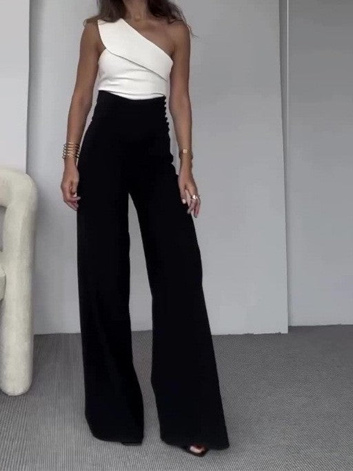 Damen Einseitiger Jumpsuit mit weitem Bein und dekorativem Ausschnitt EB