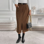 Damen Cord-Midirock mit hohem Bund, Eingrifftaschen und mittigem Schlitz EB