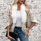 Damen eleganter Poncho mit luxuriösem Kunstfellkragen und Fransen EB