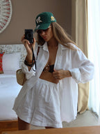 Damen lässiges Leinen Set mit lockerer Bluse und Shorts EB