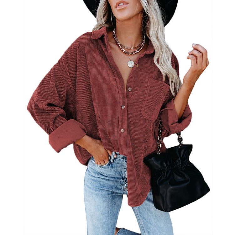 Damen nan oversized Cordhemd mit Brusttasche, Hemdkragen und aufgerollten Ärmeln EB