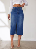 Damen Midi-Denimrock mit Schlitz und lässigem A-Linien-Schnitt EB