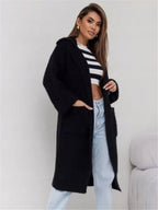 Damen Langer Strickmantel mit Kapuze und praktischen Taschen EB