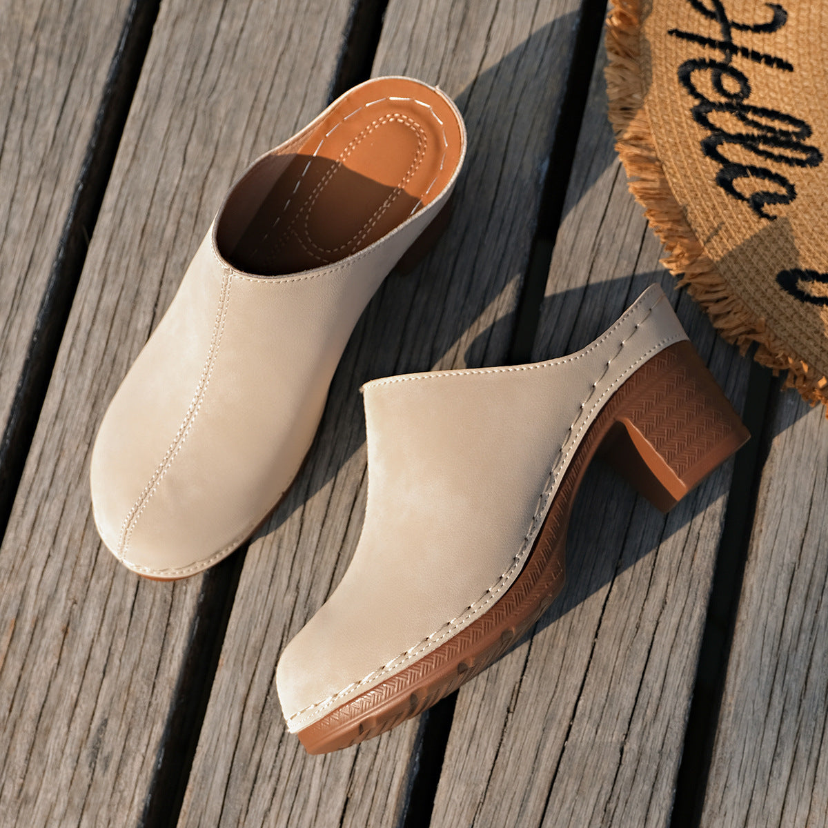 Damen bequeme Clogs aus hochwertigem Wildleder mit elegantem Blockabsatz EB