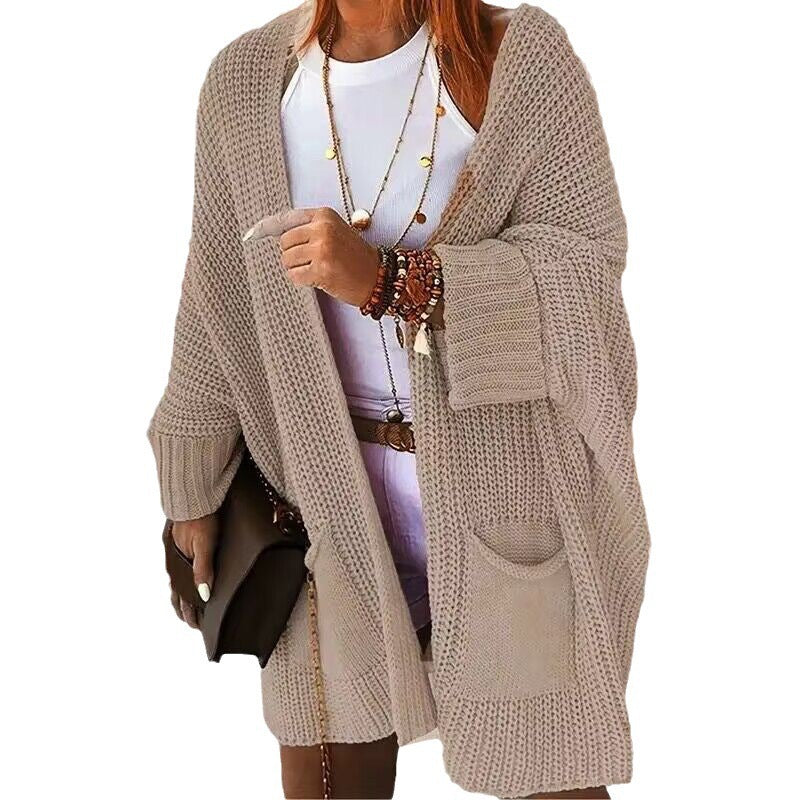 Women Oversize Chunky Knit Cardigan with Wide Shawl Collar and Patch Pockets Mune Fashion