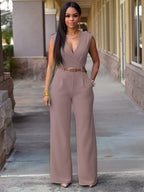 Damen Eleganter Wickel-Jumpsuit mit weitem Bein und Taillengürtel EB