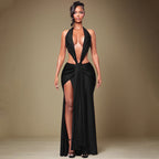 Damen Cut-Out Maxikleid mit tiefem V-Ausschnitt und drapiertem Design EB