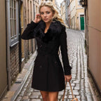 Damen Eleganter Trenchcoat mit abnehmbarem Fellkragen EB