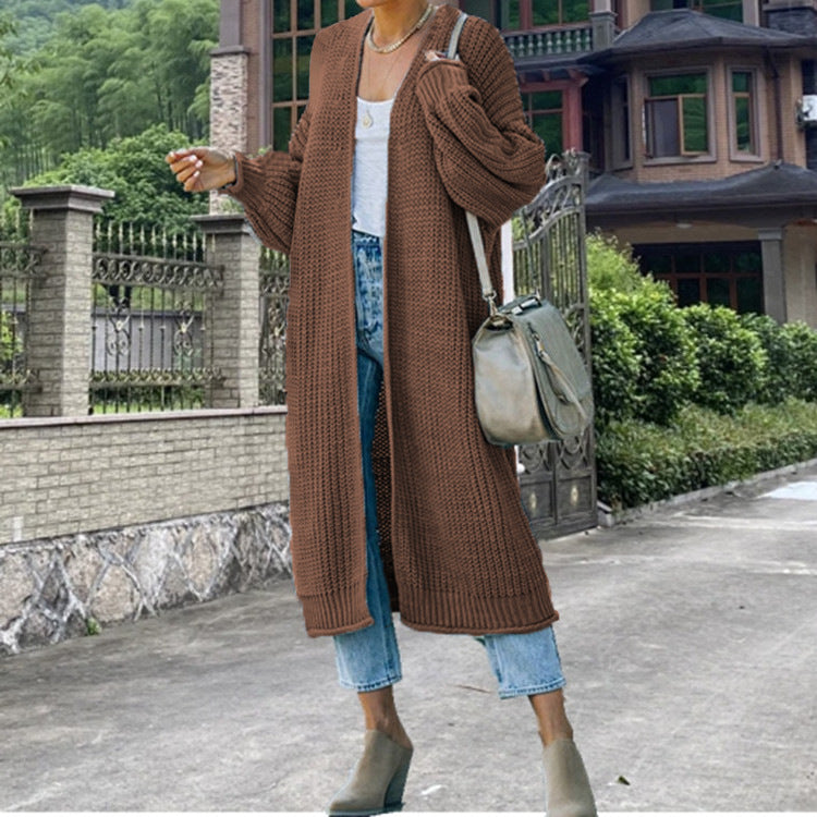 Damen Langer Strickmantel mit offener Front und lässigem Schnitt EB