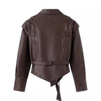 Damen Kunstlederjacke mit edlem Bindegürtel und raffinierten Schnürdetails EB